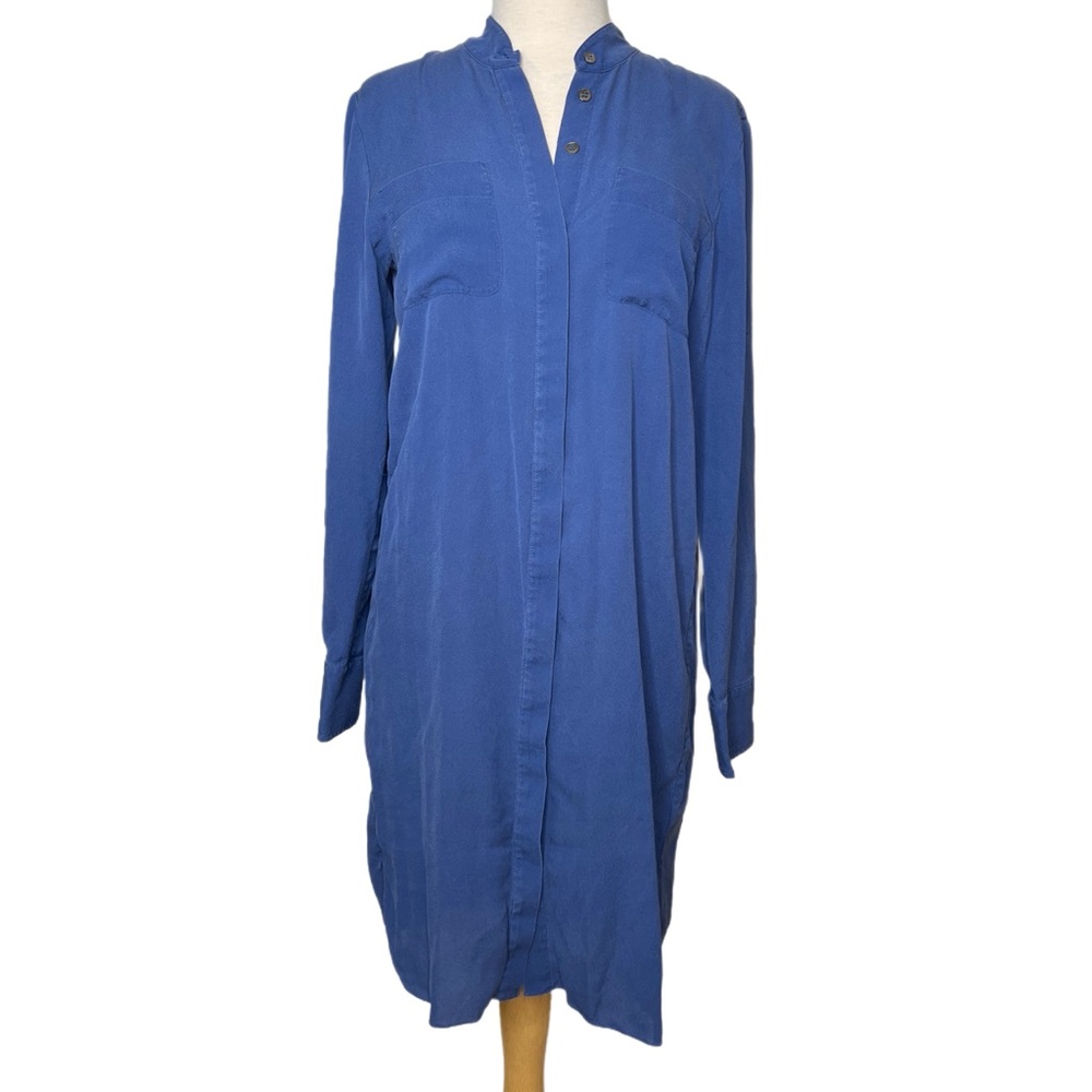 Adam Lippes 100% Silk Royal Blue Shirt Dress with Mandarin Collar
